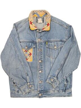 Vtg ESPRIT Distressed Unisex Trucker Style Denim Jacket Upcycled Tatted Lace Med